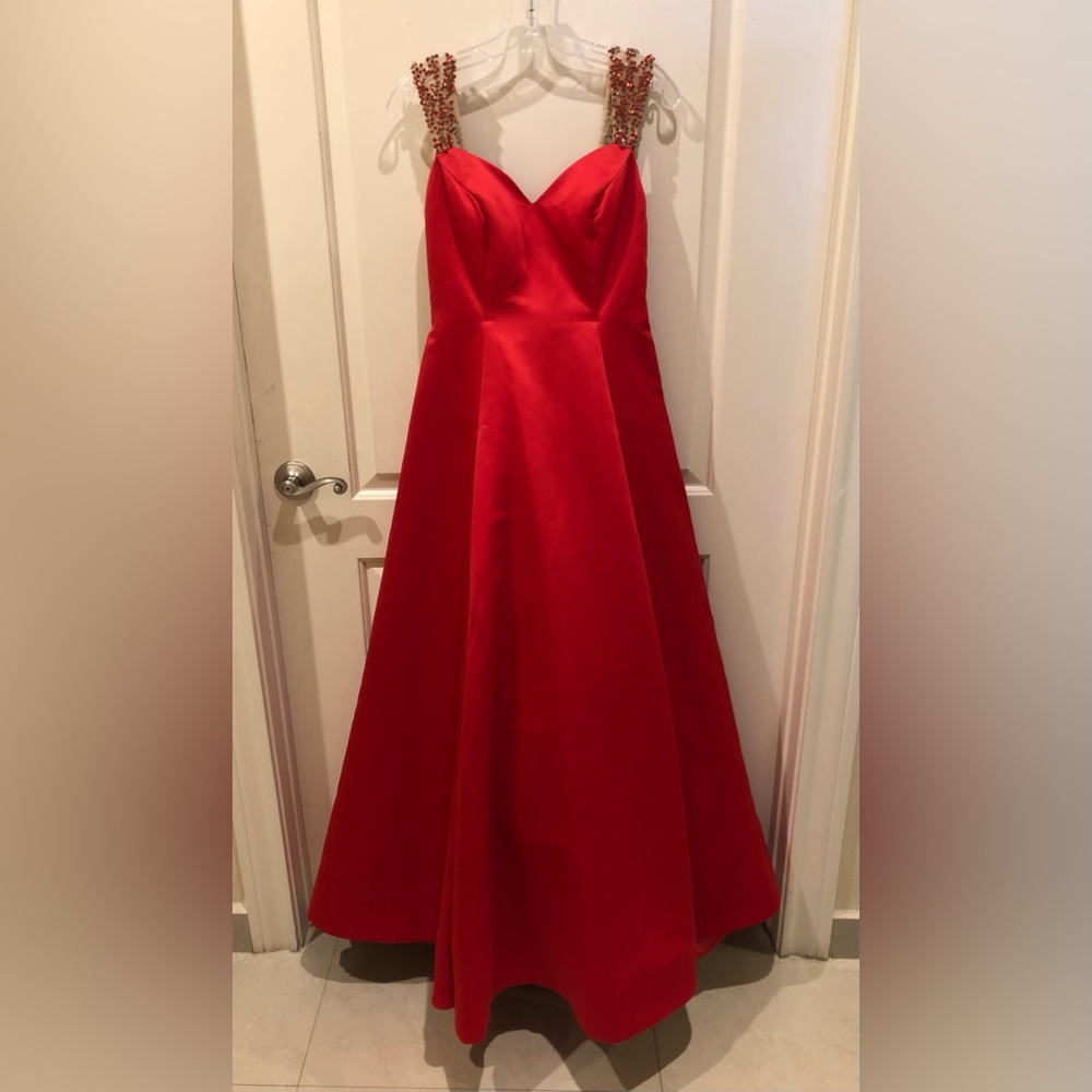 Red Long Dress BICICI & COTY Maxi A-line, beaded back/straps, size S 4-6, formal